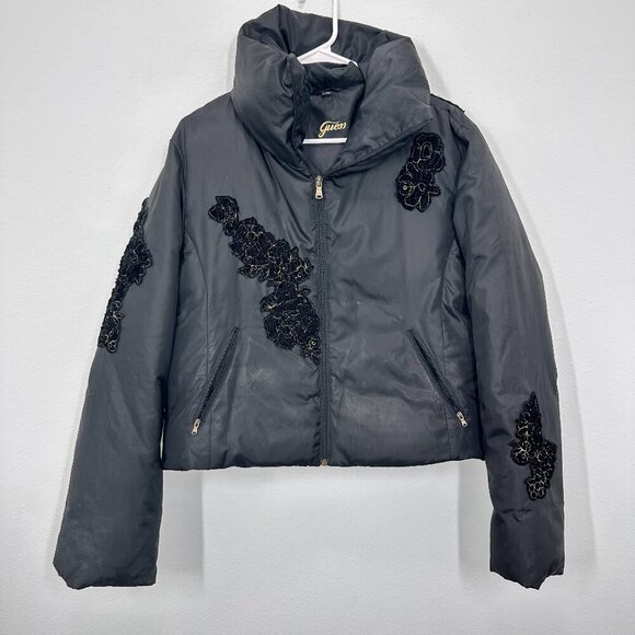 Guess Y2K Black Floral Embroidered Puffer Jacket Whimsigoth 90s Streetwear XL